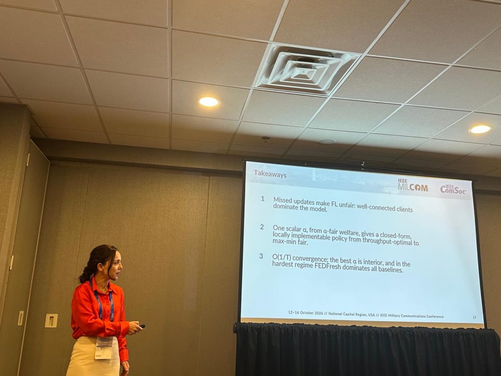 Prof. Elif Uysal presenting FEDFresh at IEEE MILCOM 2026
